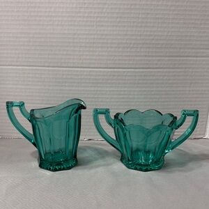 Vintage Westmoreland Laurel Set Creamer & Sugar Bowl Teal Boho Colonial Pattern